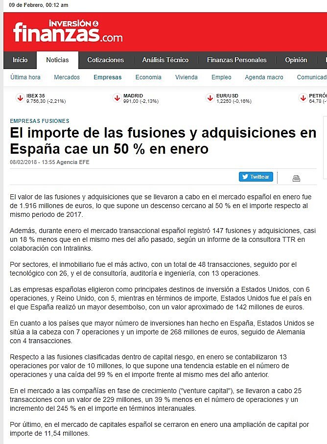 El importe de las fusiones y adquisiciones en Espaa cae un 50 % en enero